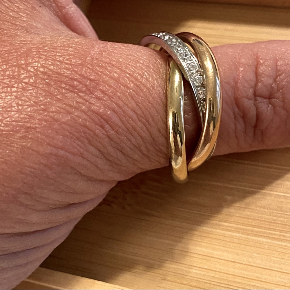 COPY - Intertwined Rolling Ring, Gold, Rose Gold and Silver with Cubic Zirconia